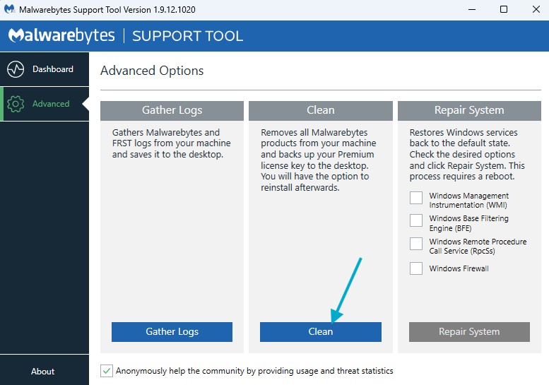 Malwarebytes support tool