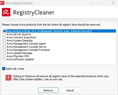 удалить Avira при помощи RegistryCleaner