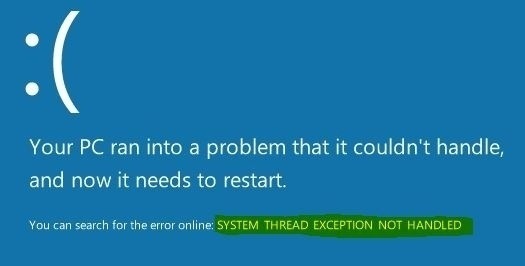 Синий экран с кодом ошибки System Thread Exception Not Handled