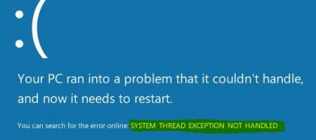 Синий экран с кодом ошибки System Thread Exception Not Handled