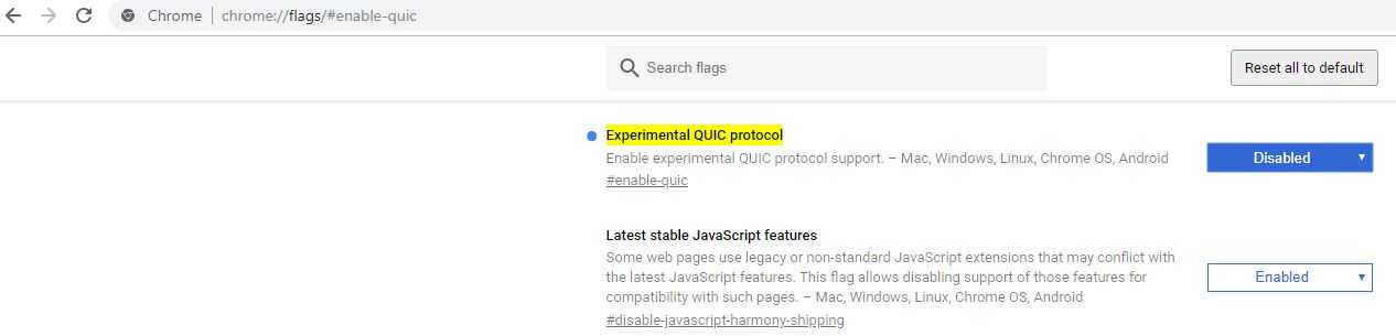 Отключить протокол Chrome QUIC
