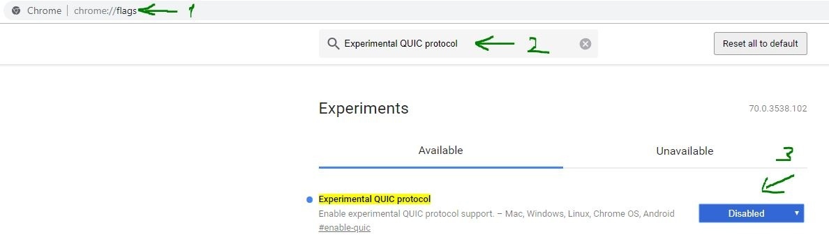 отключить Experimental QUIC protocol
