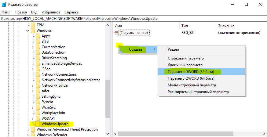 WindowsUpdate Создать Dword 32 в редакторе реестра