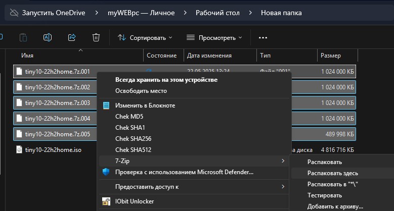 распаковать несколько zip файлов в один большой