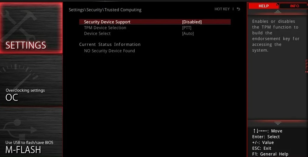 TPM Security Device Support MSI BIOS