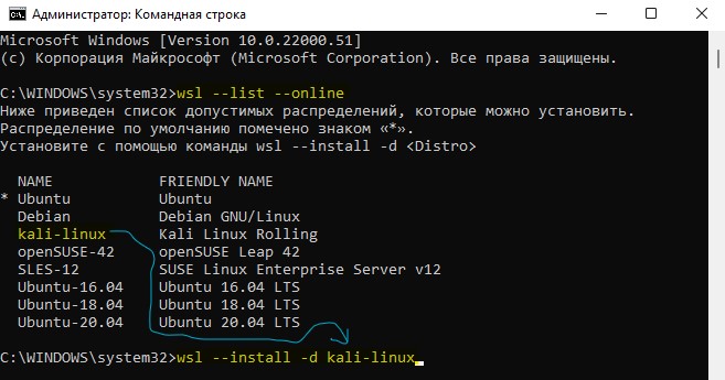 Установить WSL с определенным дистрибутивом Linux в Windows 11