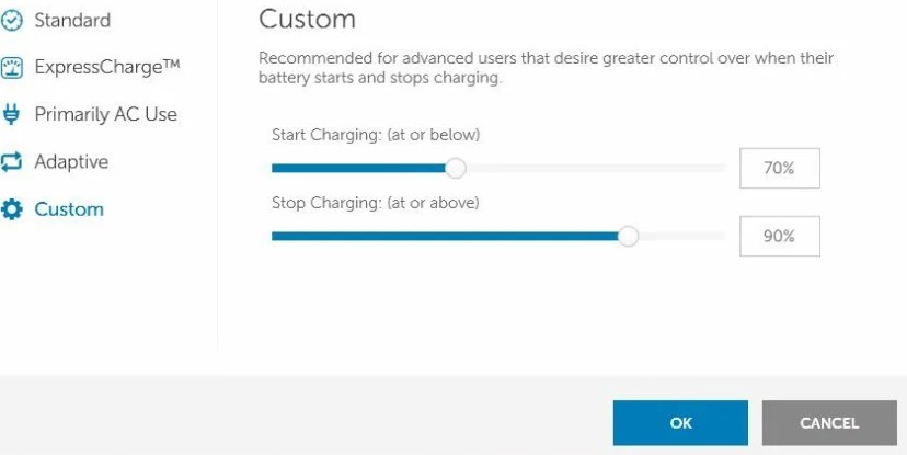 Ограничения заряда батареи на ноутбуках Dell Power Manager