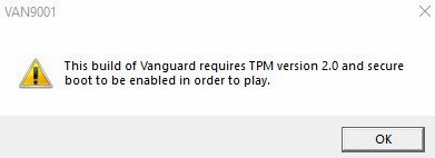 ошибка VAN9001 Valorant Windows 11