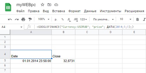 Вывод исторических данных обменного курса гугл таблицы