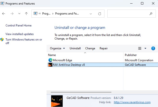 удаление Антивируса RAV в Windows 11 10