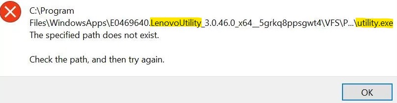 Ошибка Utility.exe с указанием на LenovoUtility