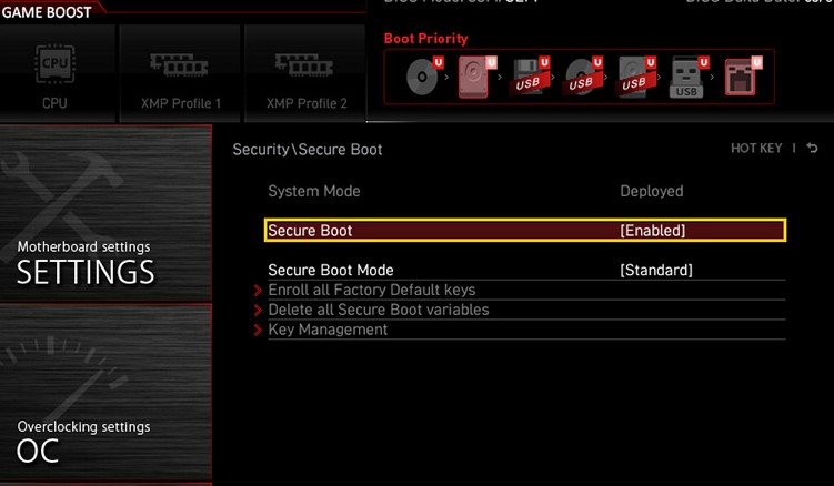 Включить Secure Boot для MSI