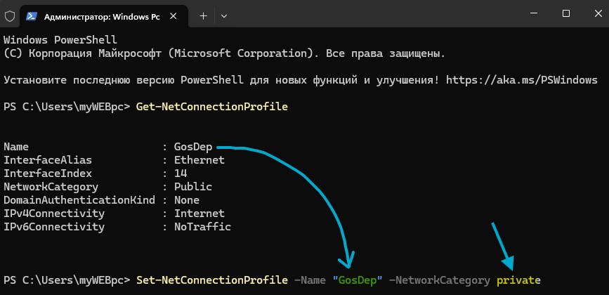 Как изменить сеть в Windows через PowerShell