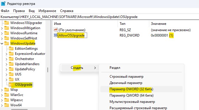 AllowOSUpgrade значение 1 в реестре