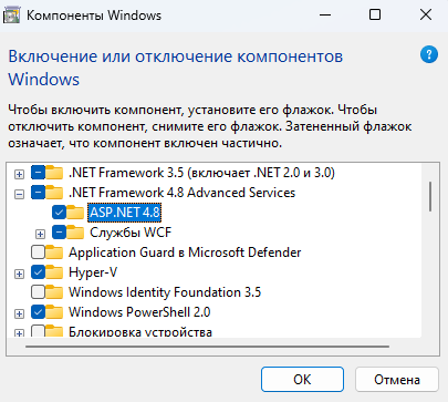 Включите NET Framework 3.5, 2.0, 3.0, 4.8 Advanced Services и ASP.NET 4.8