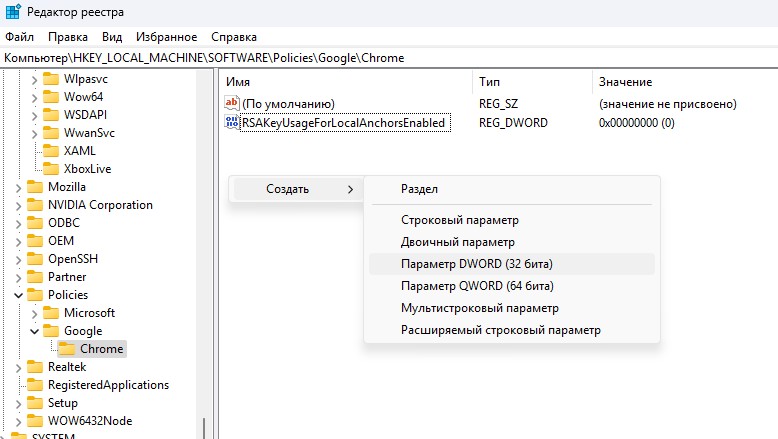 создать параметр RSAKeyUsageForLocalAnchorsEnabled для chrome