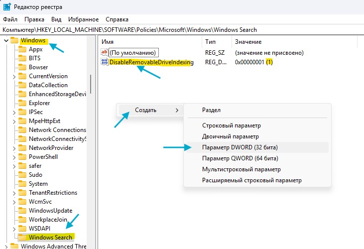 DisableRemovableDriveIndexing значение 1