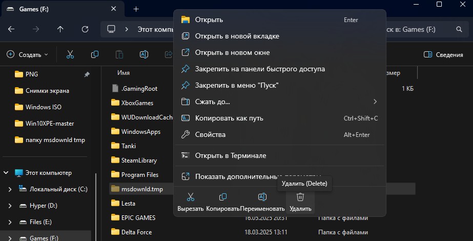 удалить папку msdownld tmp