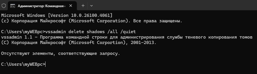удалить теневые копии в windows через cmd