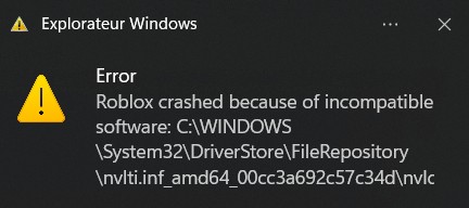 Roblox crashed because of incompatible software DriverStore FileRepository
