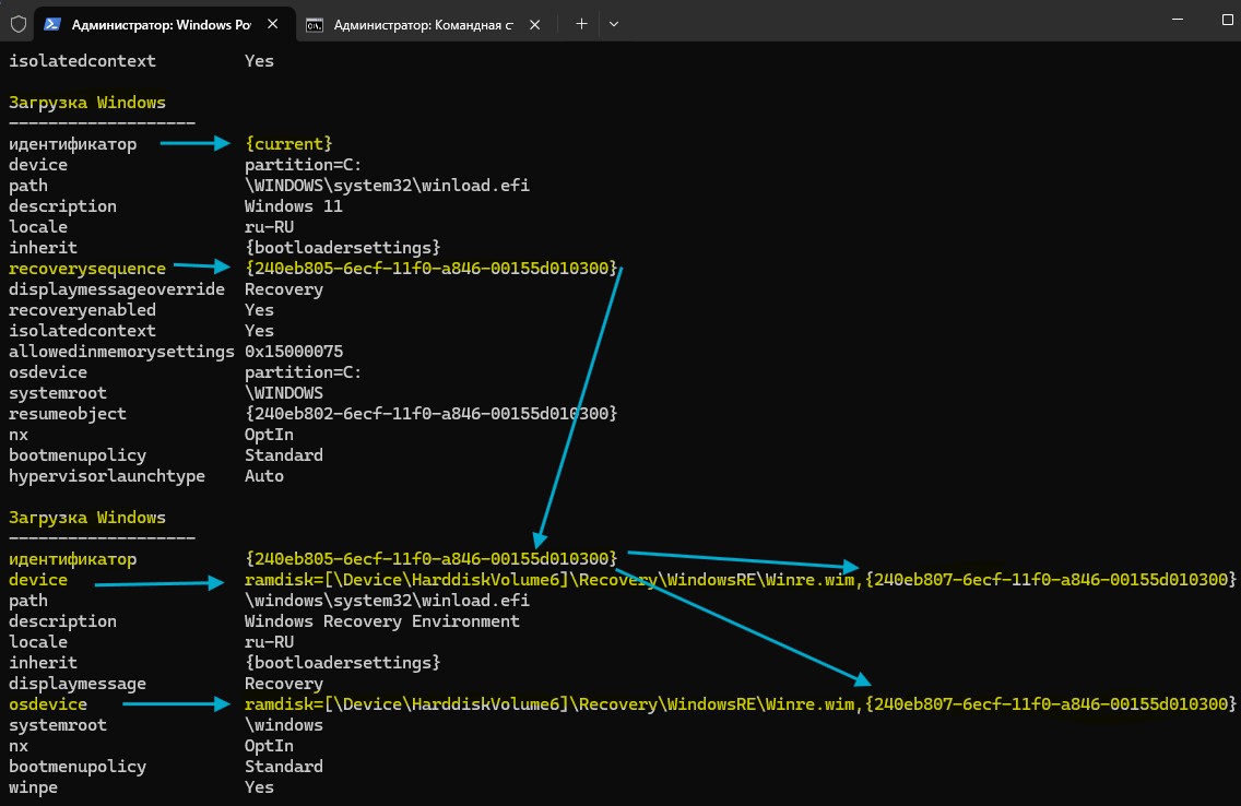 guid recoverysequence osdevice cmd