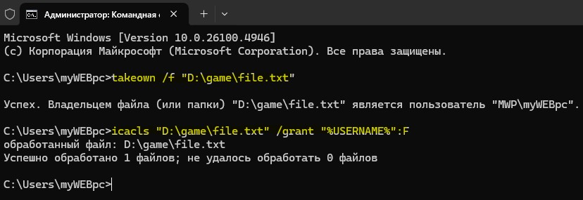 стать владельцем файла при помощи CMD