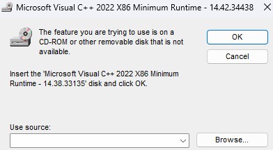 Insert the Microsoft Visual Minimum Runtime disk and click OK