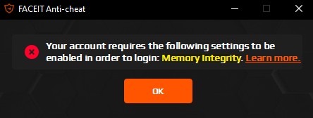 Your PC requires the following settings to be enabled in order to login Memory Integrity