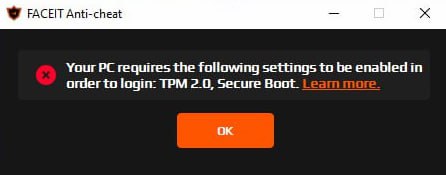 Your PC requires the following settings to be enabled in order to login TPM 2.0, Secure Boot